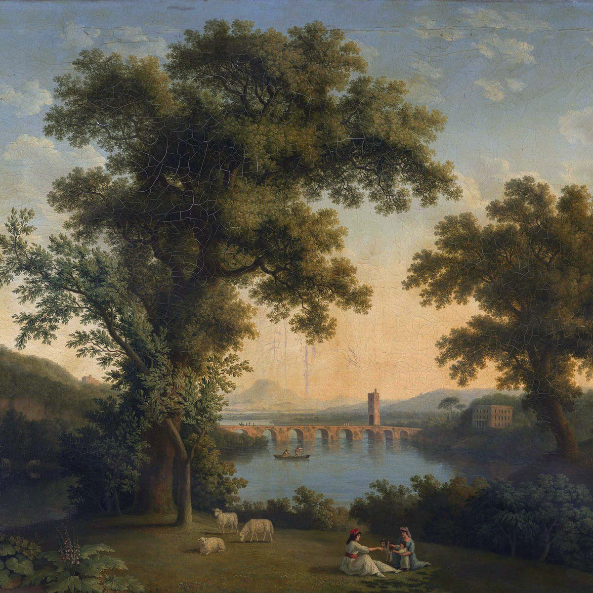 Peinture à l'huile de paysage - Scène de rivière hivernale avec personnages et chevaux