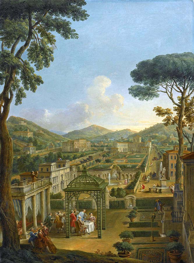 Landscape Oil Painting - Grand Garden with Figures & Buildings