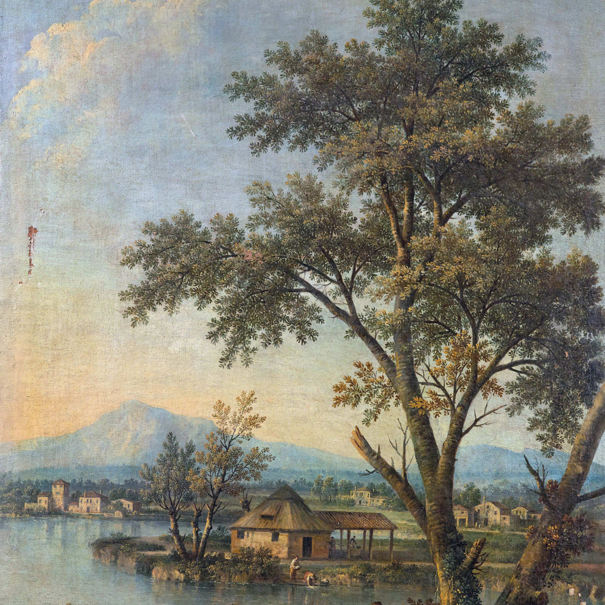 Peinture à l'huile de paysage - Rivière printanière avec pêcheur et arbres