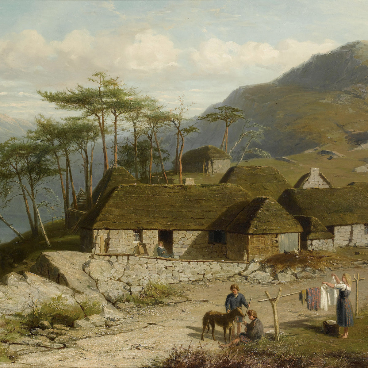 Landscape Oil Painting - Mountain Cottage Village by Lakeside