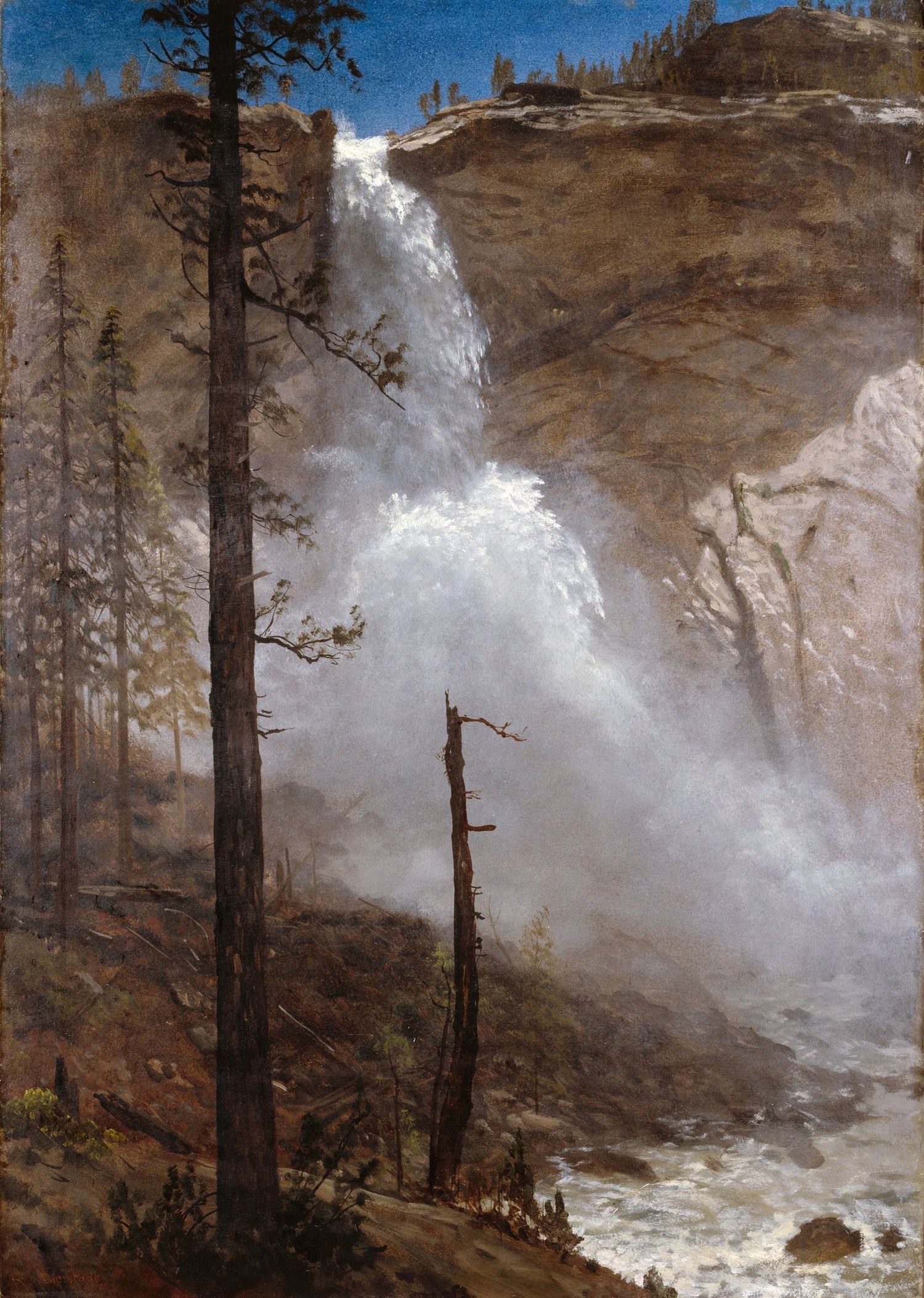 Peinture à l'huile de paysage - Cascade de montagne et falaises rocheuses, forêt