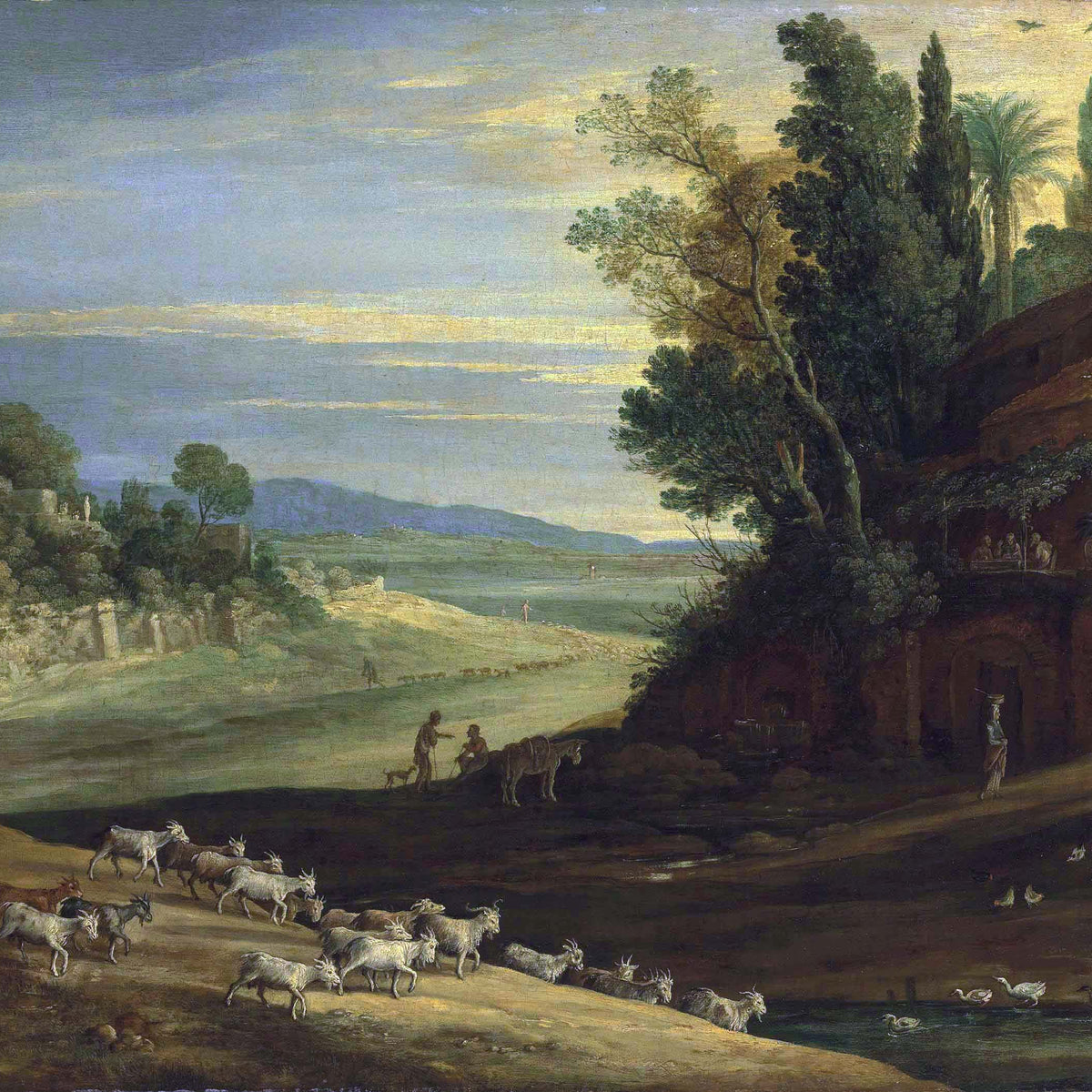 Landscape Oil Painting - Pastoral Estate with Goats and Ducks