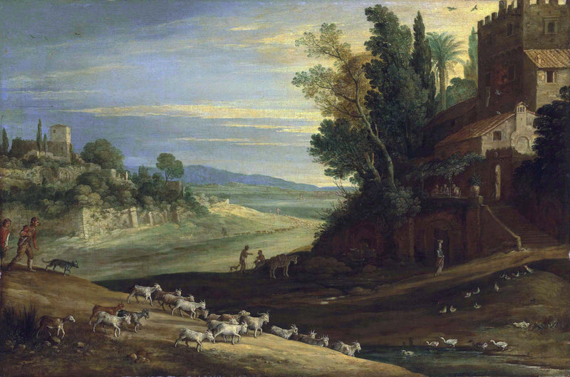 Landscape Oil Painting - Pastoral Estate with Goats and Ducks