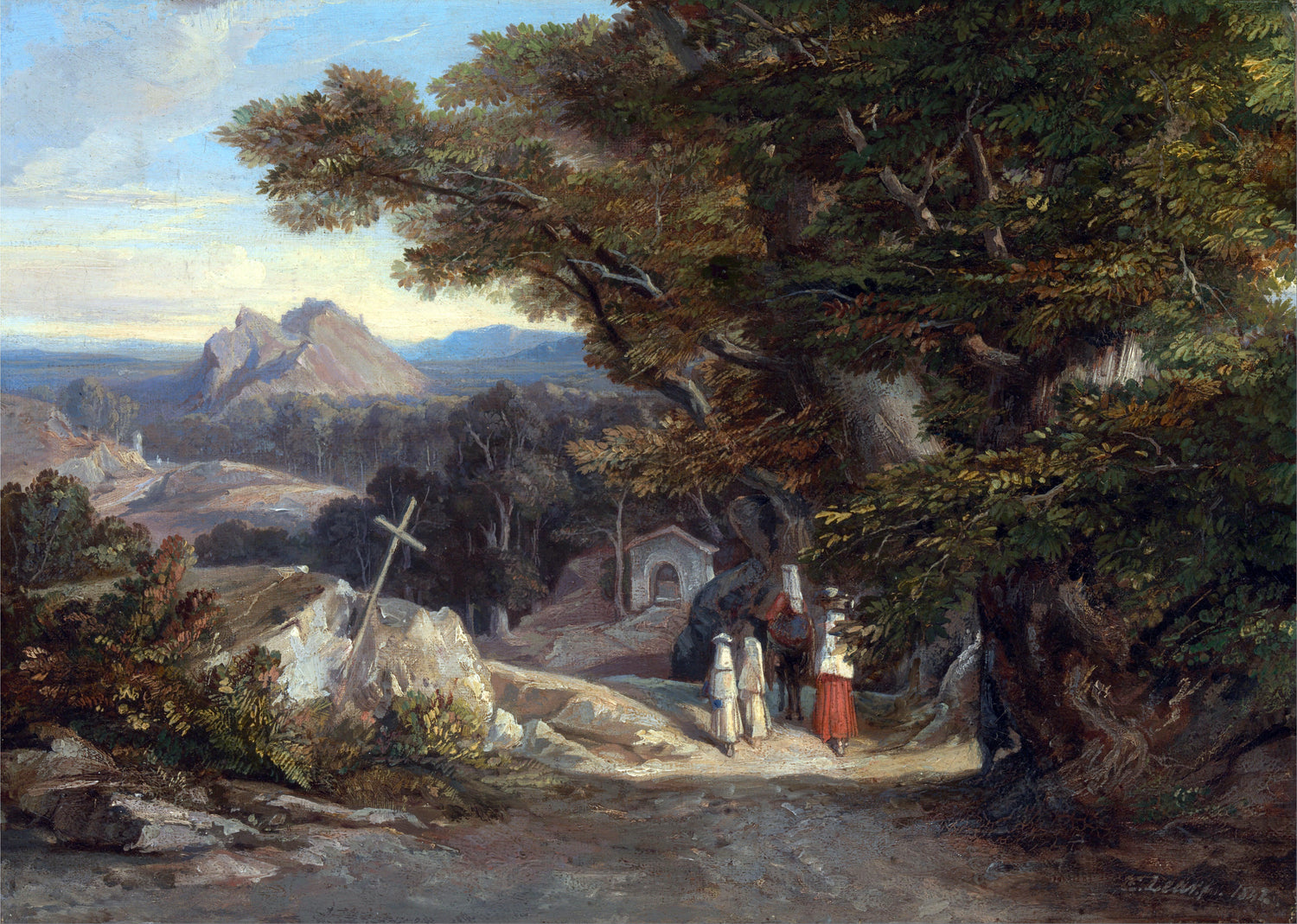 Landschaft Ölgemälde - Weg, Figuren, Kreuz & ferner Berg
