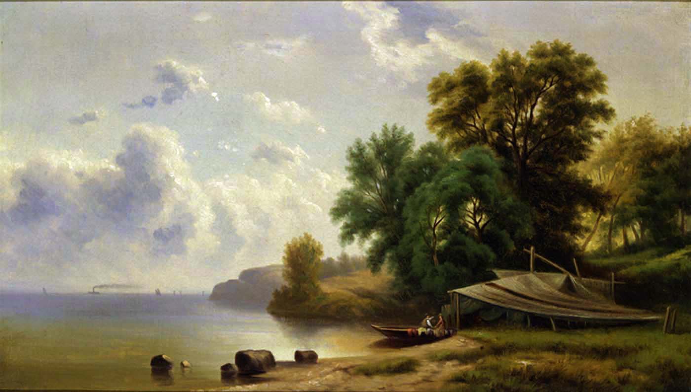 Landscape Oil Painting - Quiet Lakeshore with Boathouse View