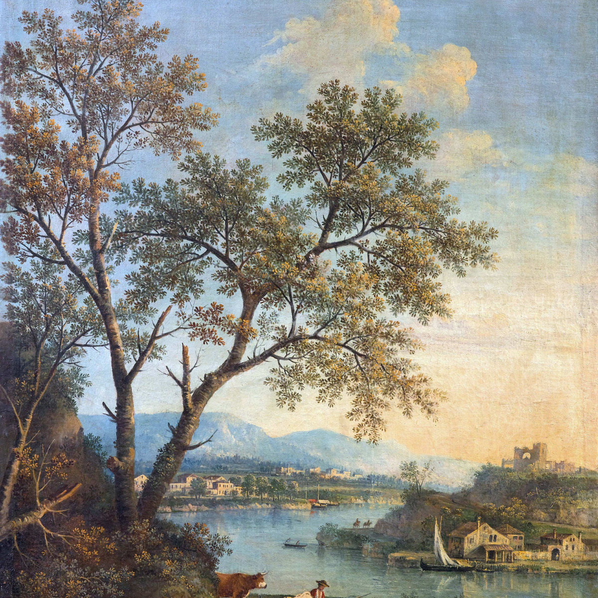Peinture à l'huile de paysage - Rivière printanière avec pêcheur et arbres