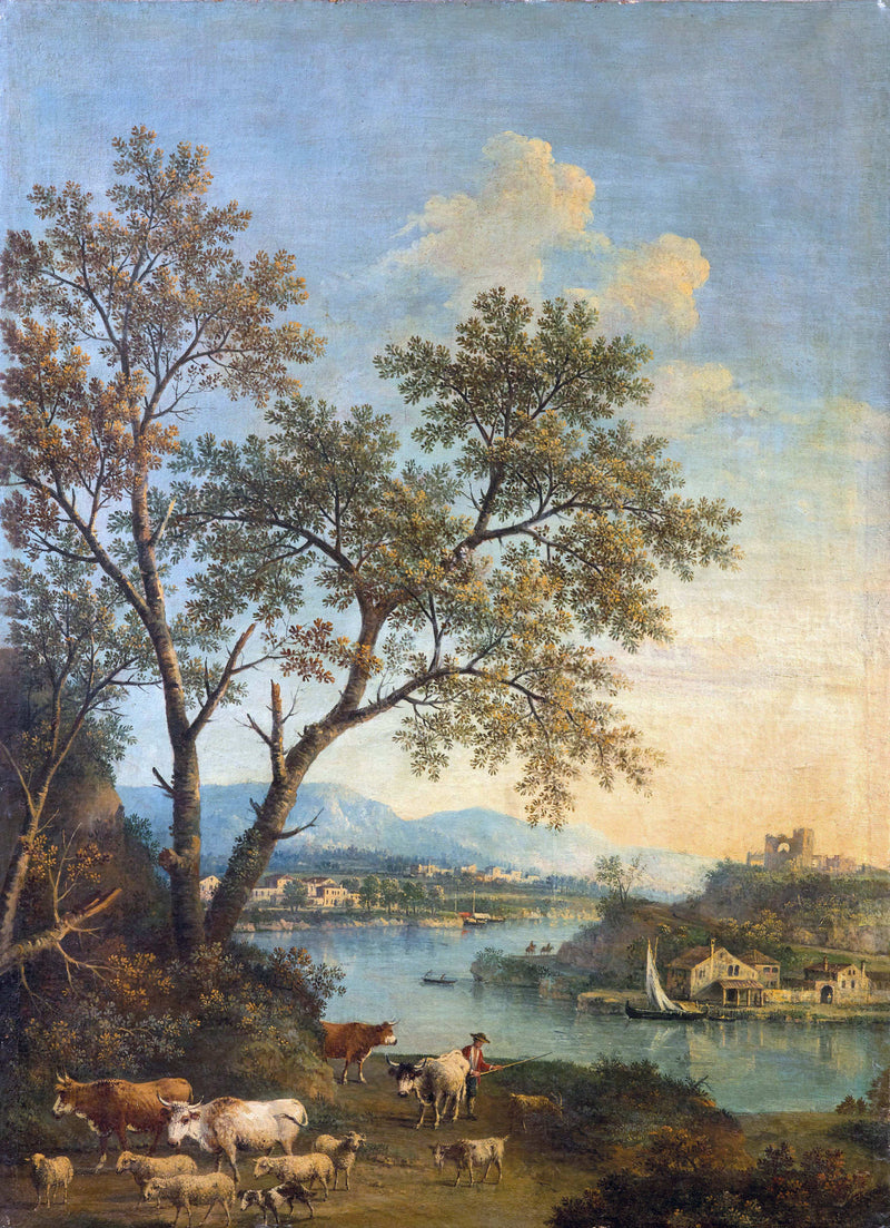 Peinture à l'huile de paysage - Rivière printanière avec pêcheur et arbres