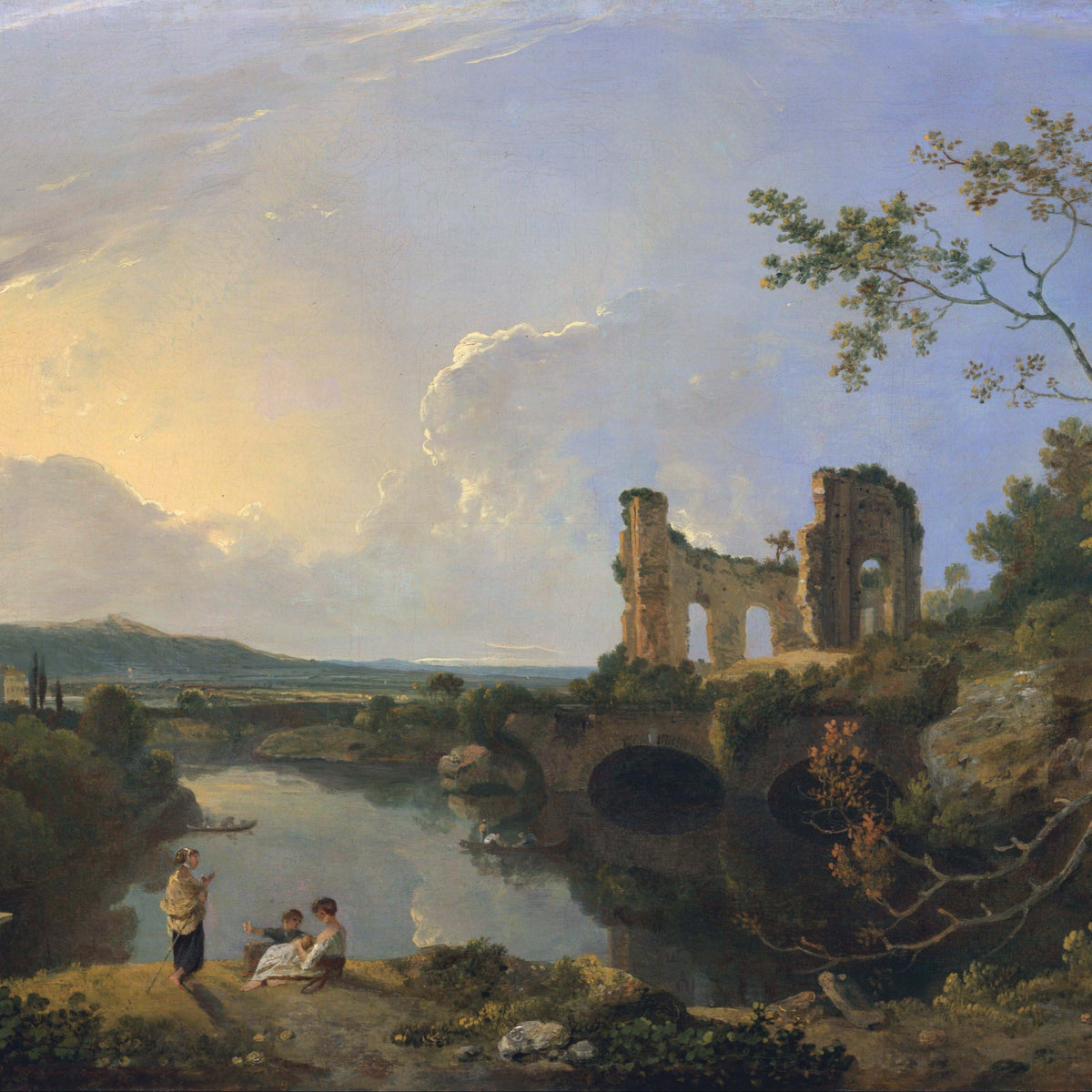 Peinture à l'huile de paysage - Scène de rivière hivernale avec personnages et chevaux