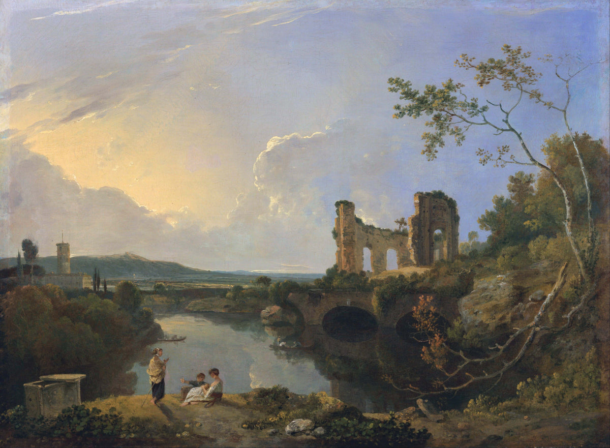 Peinture à l'huile de paysage - Scène de rivière hivernale avec personnages et chevaux