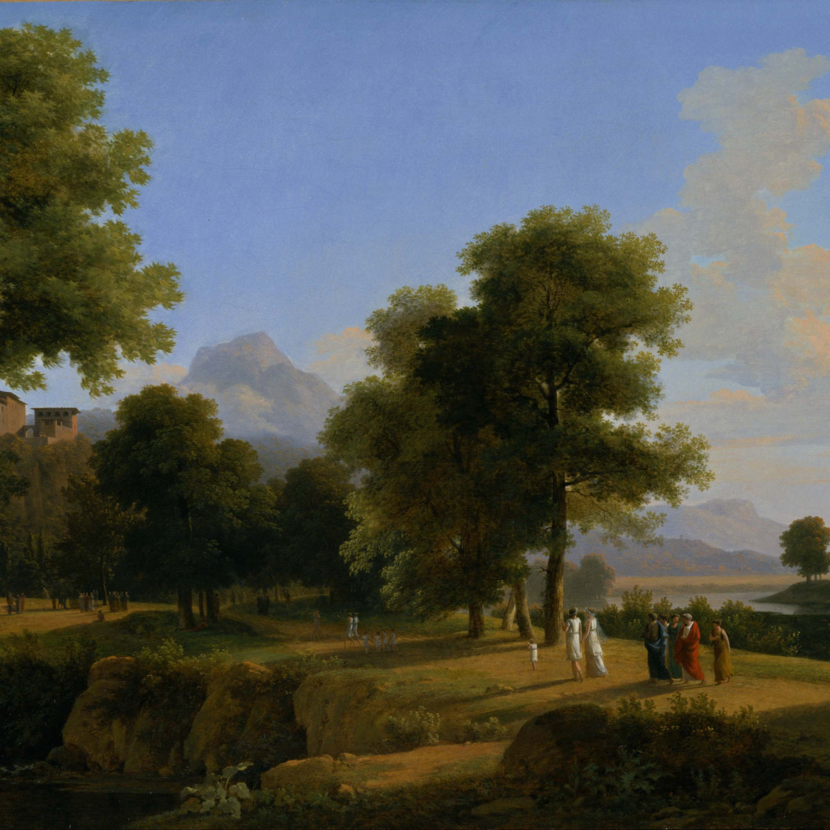 Landschaftsgemälde in Öl – Winterliche Flusslandschaft mit Figuren und Pferden