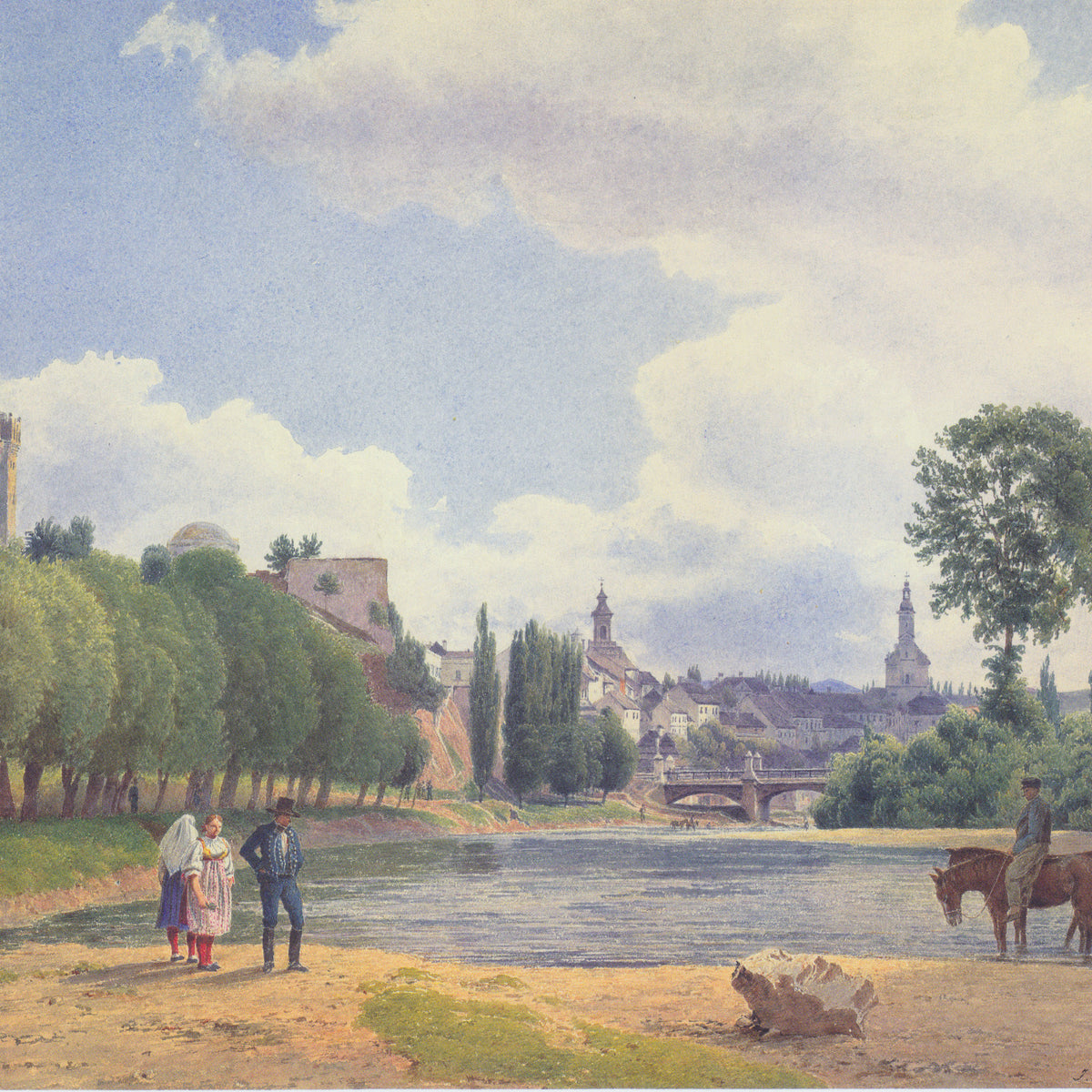 Landscape Oil Painting - Riverside Town by the Water with Figures