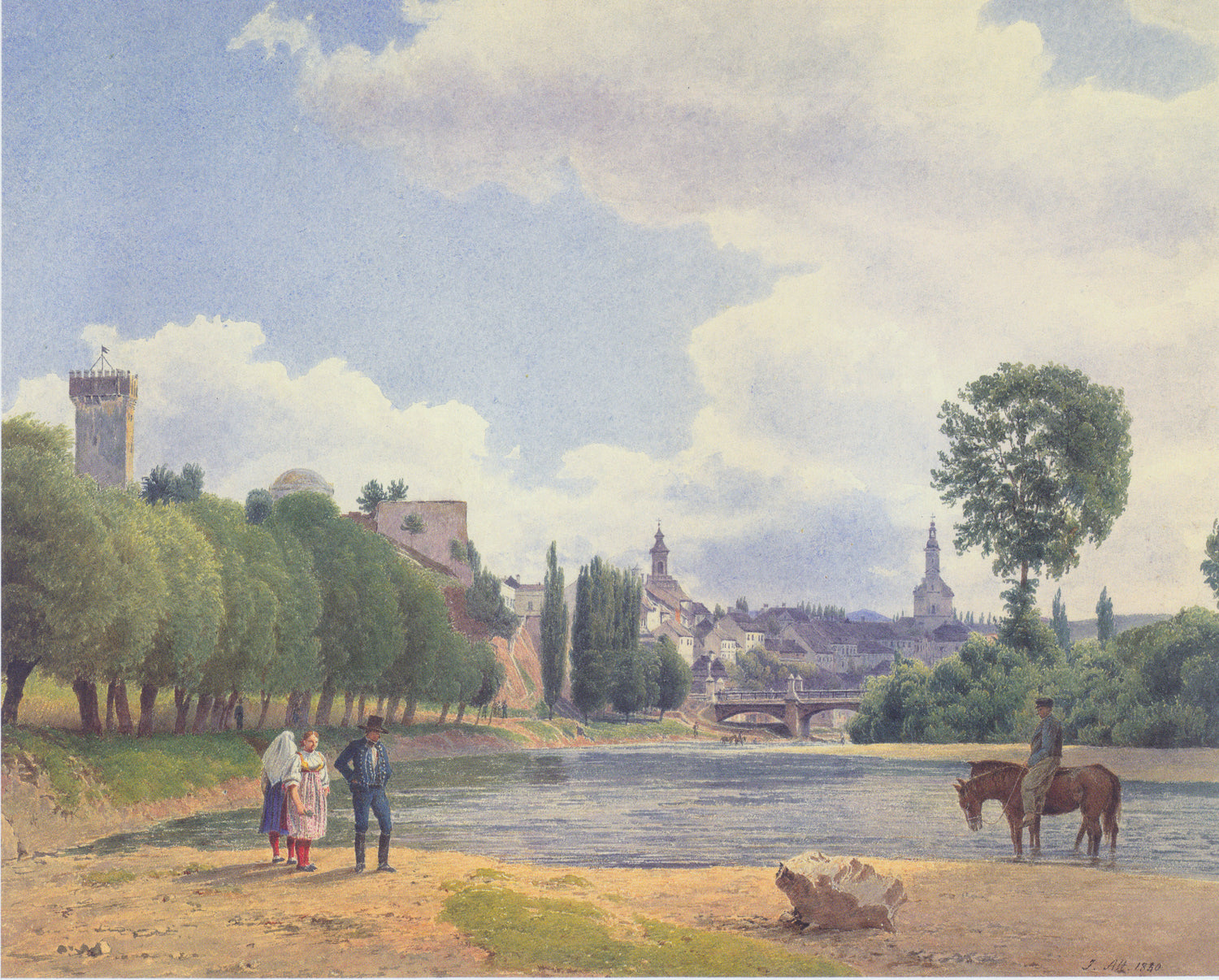 Landscape Oil Painting - Riverside Town by the Water with Figures