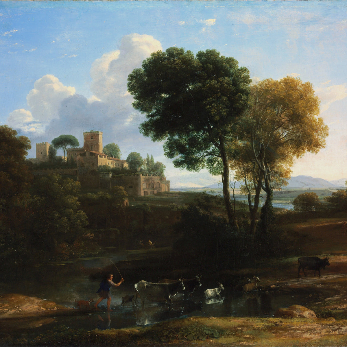 Pintura al óleo de paisaje - Castillo junto al río y ganado