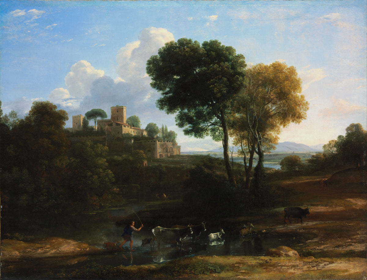 Peinture à l'huile de paysage - Château au bord de la rivière et bétail