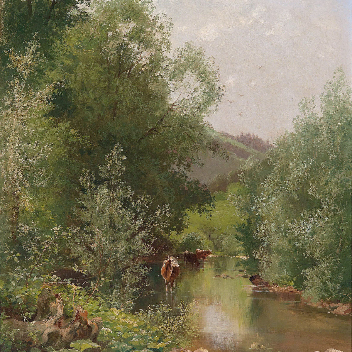 Landscape Oil Painting - River with Cows, Trees & Hills