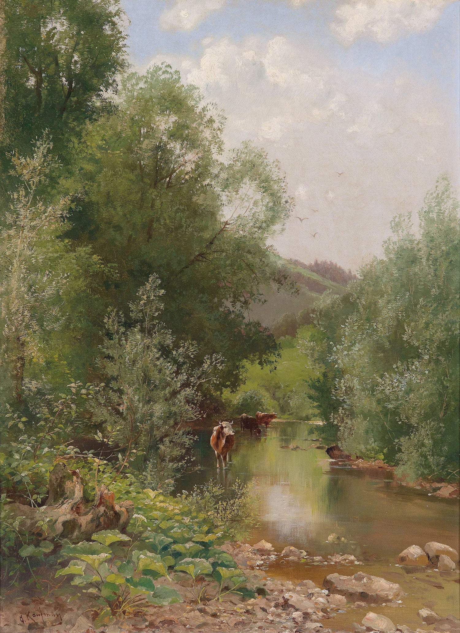 Landschaftsgemälde in Öl – Fluss mit Kühen, Bäumen und Hügeln