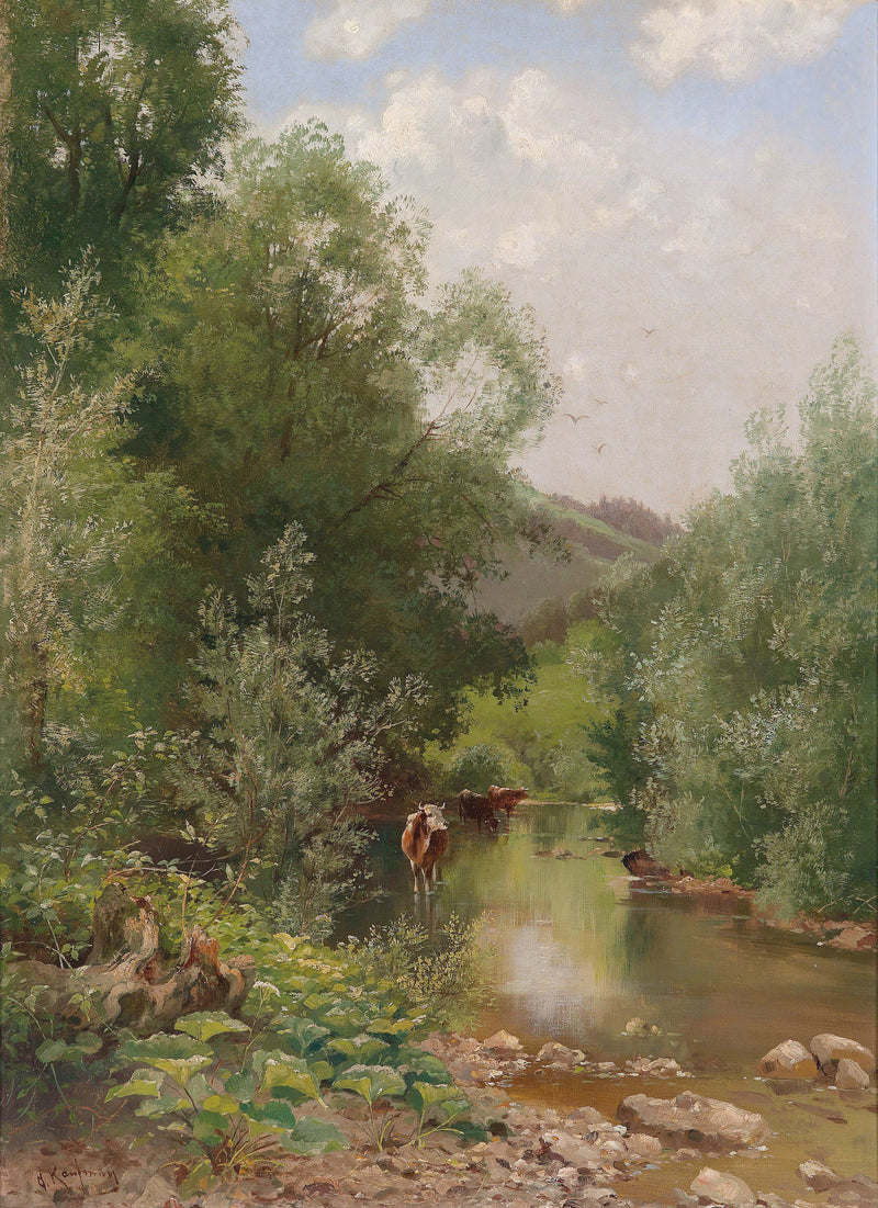 Landscape Oil Painting - River with Cows, Trees & Hills