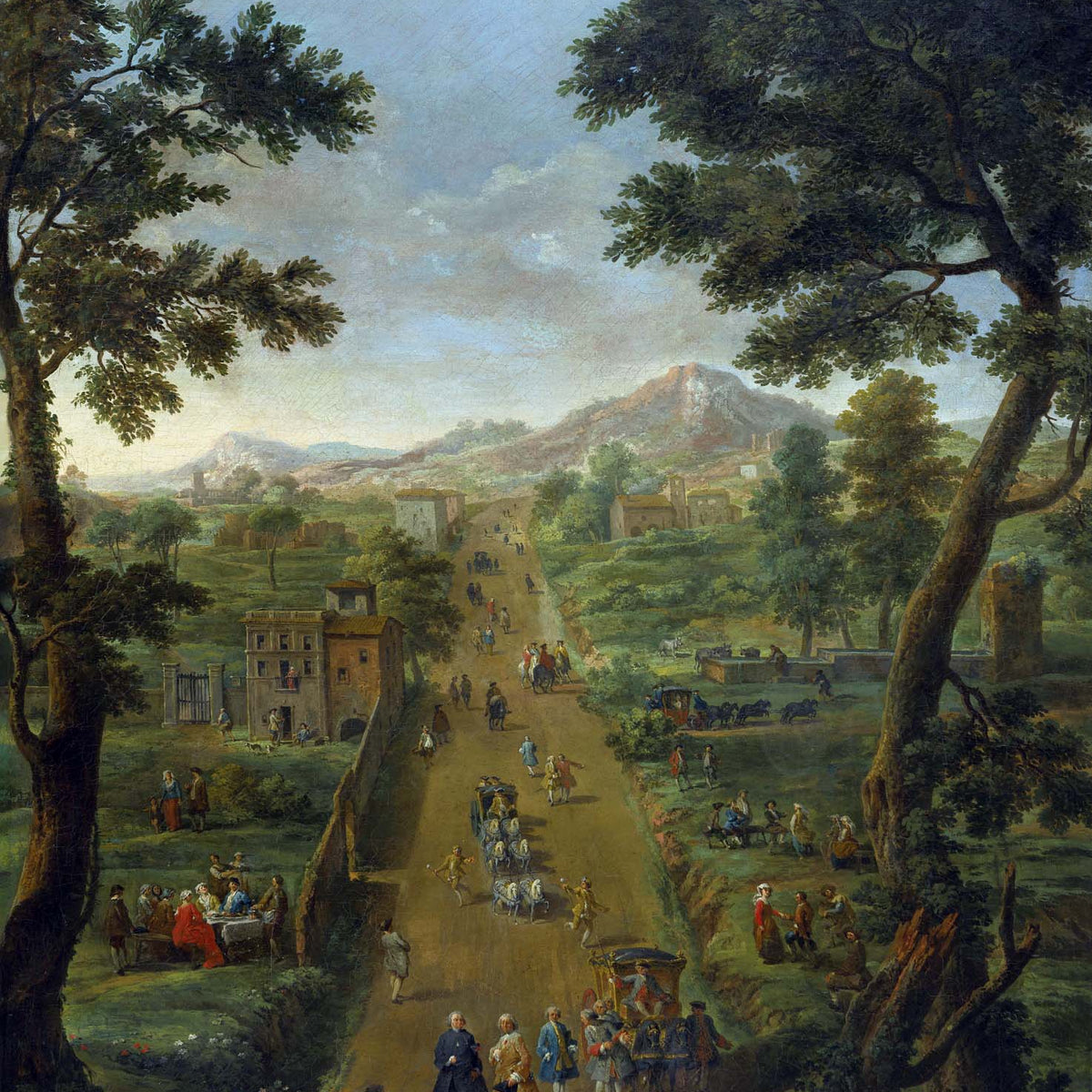 Landscape Oil Painting - Road with Figures, Carriages & Scenery