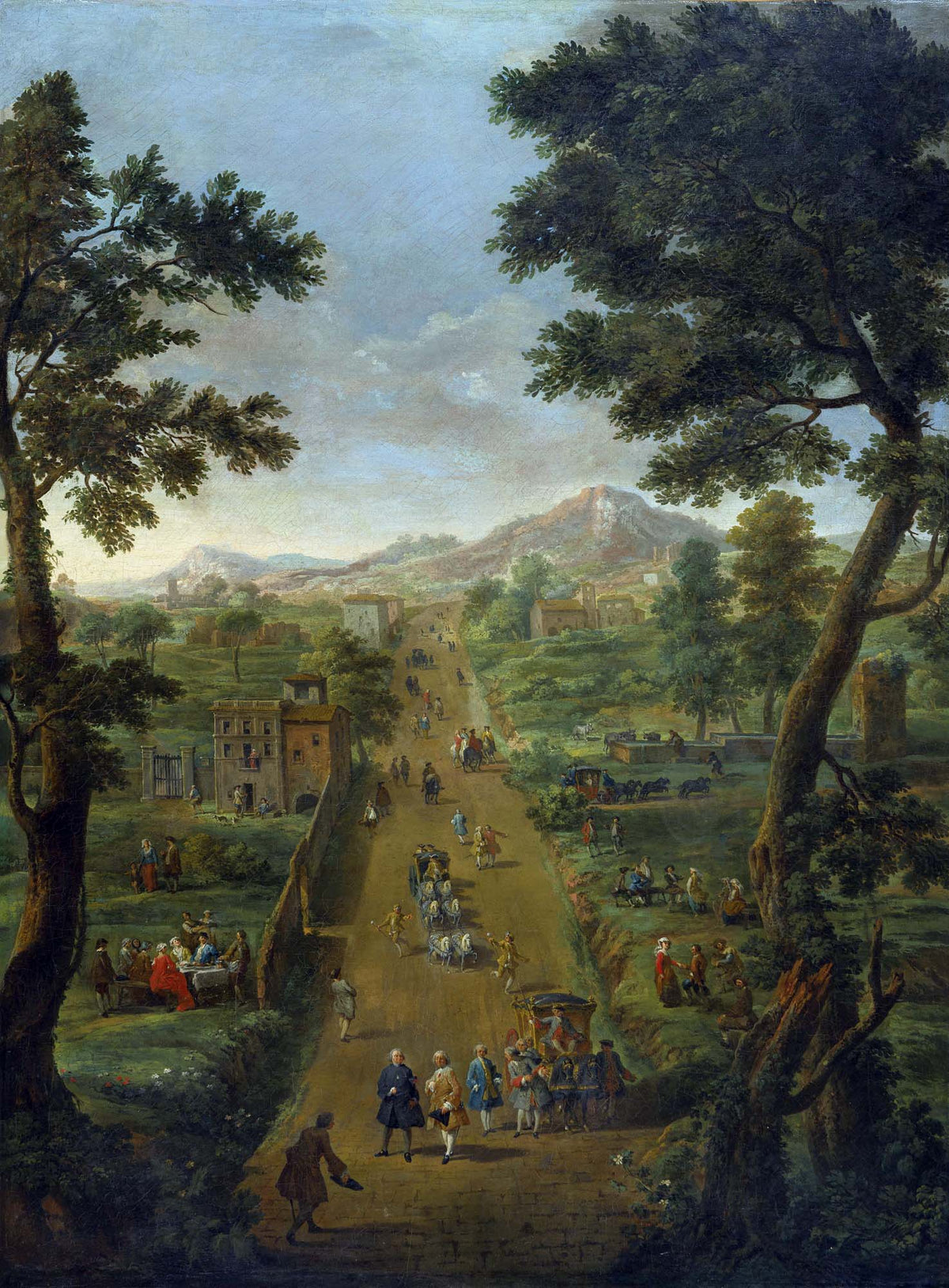 Landscape Oil Painting - Road with Figures, Carriages & Scenery