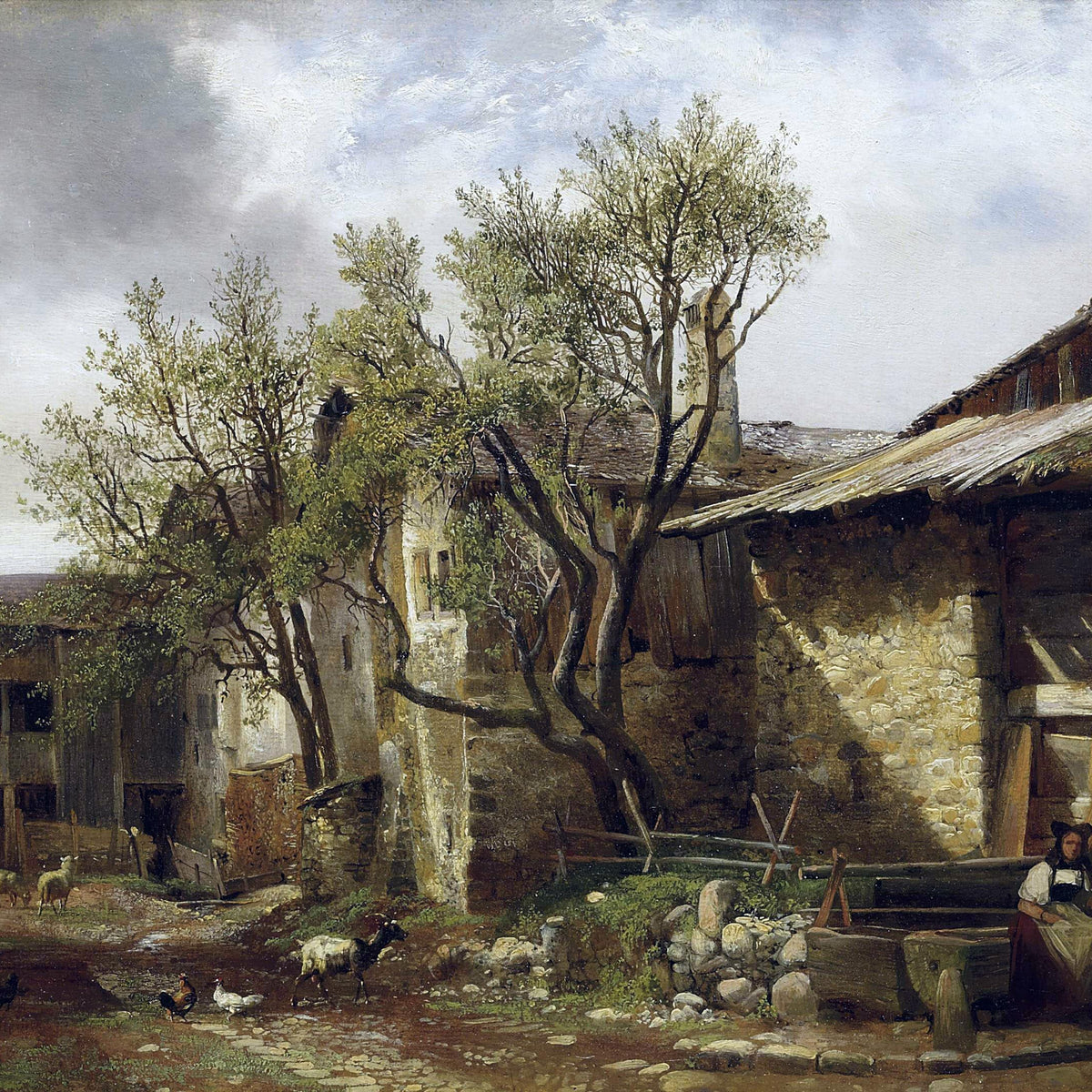 Landscape Oil Painting - Rural Farmyard, Peasant Woman & Wood