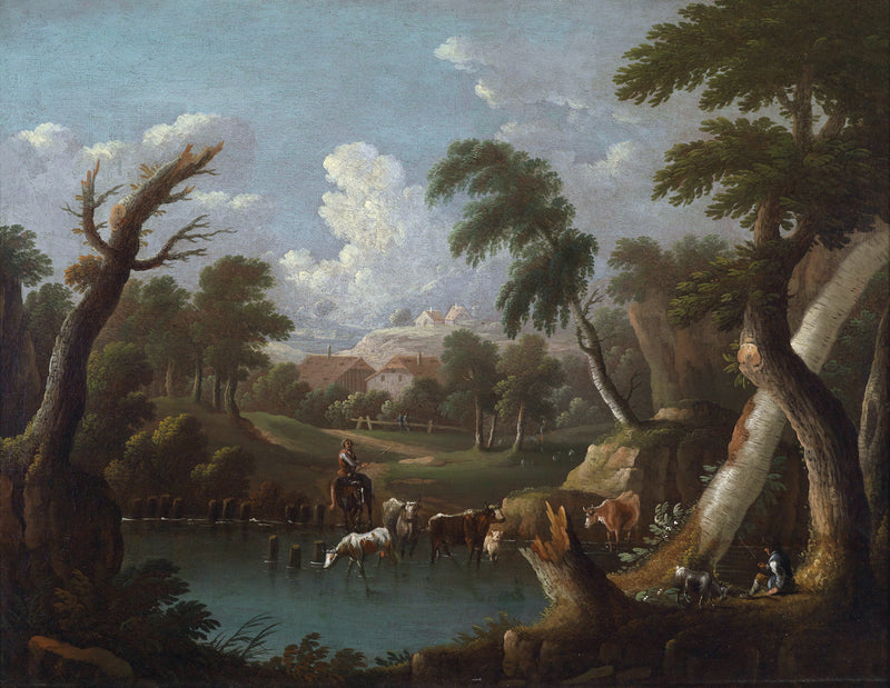 Ölgemälde Landschaft - Flusslandschaft & Hirte