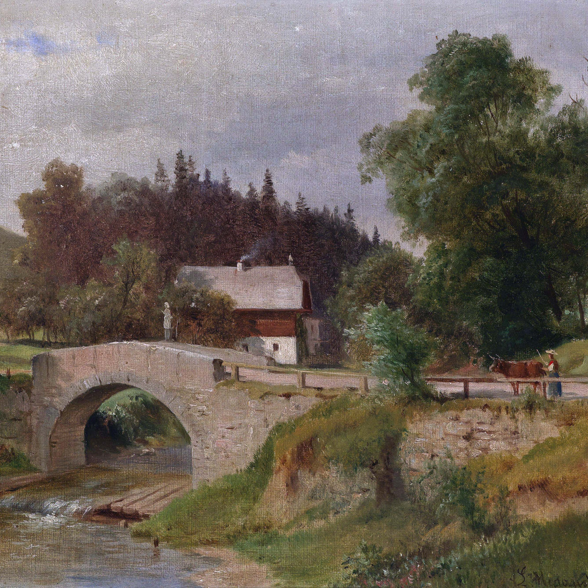 Ölgemälde Landschaft - Ländliche Steinbrücke, Hütte & Kuh mit Figur