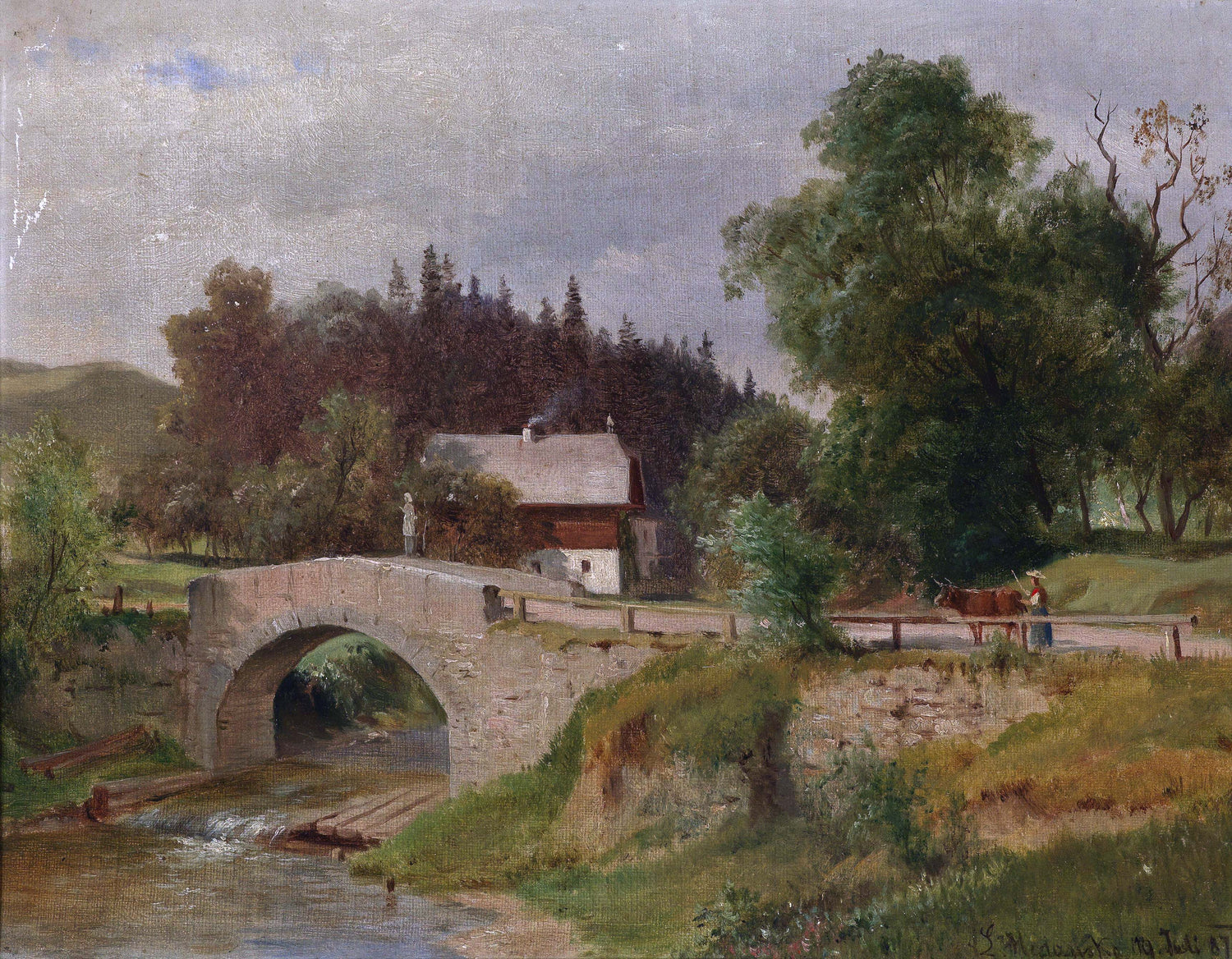 Landscape Oil Painting - Rural Stone Bridge, Cottage & Figure Cow