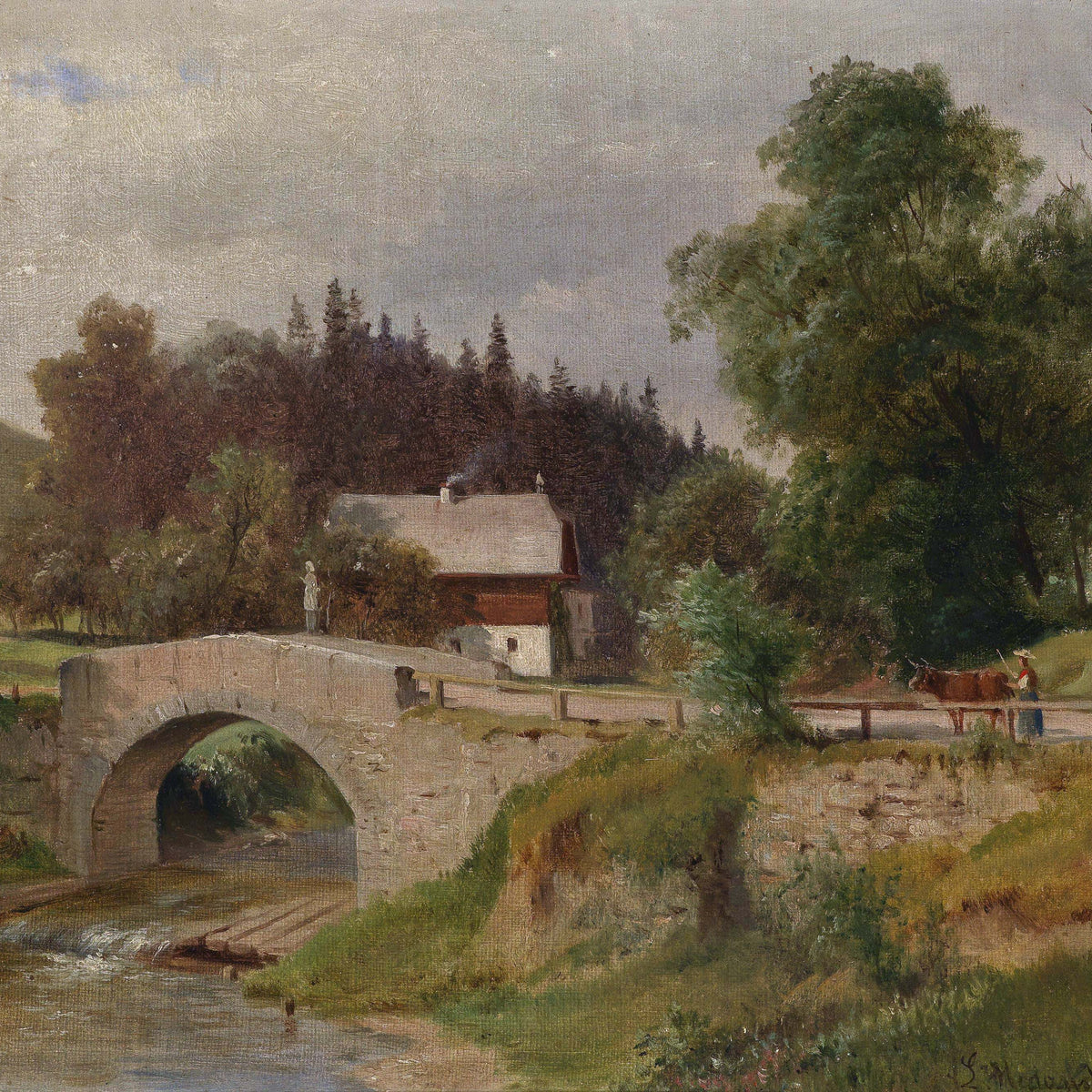 Landscape Oil Painting - Rural Stone Bridge, Cottage & Figure Cow
