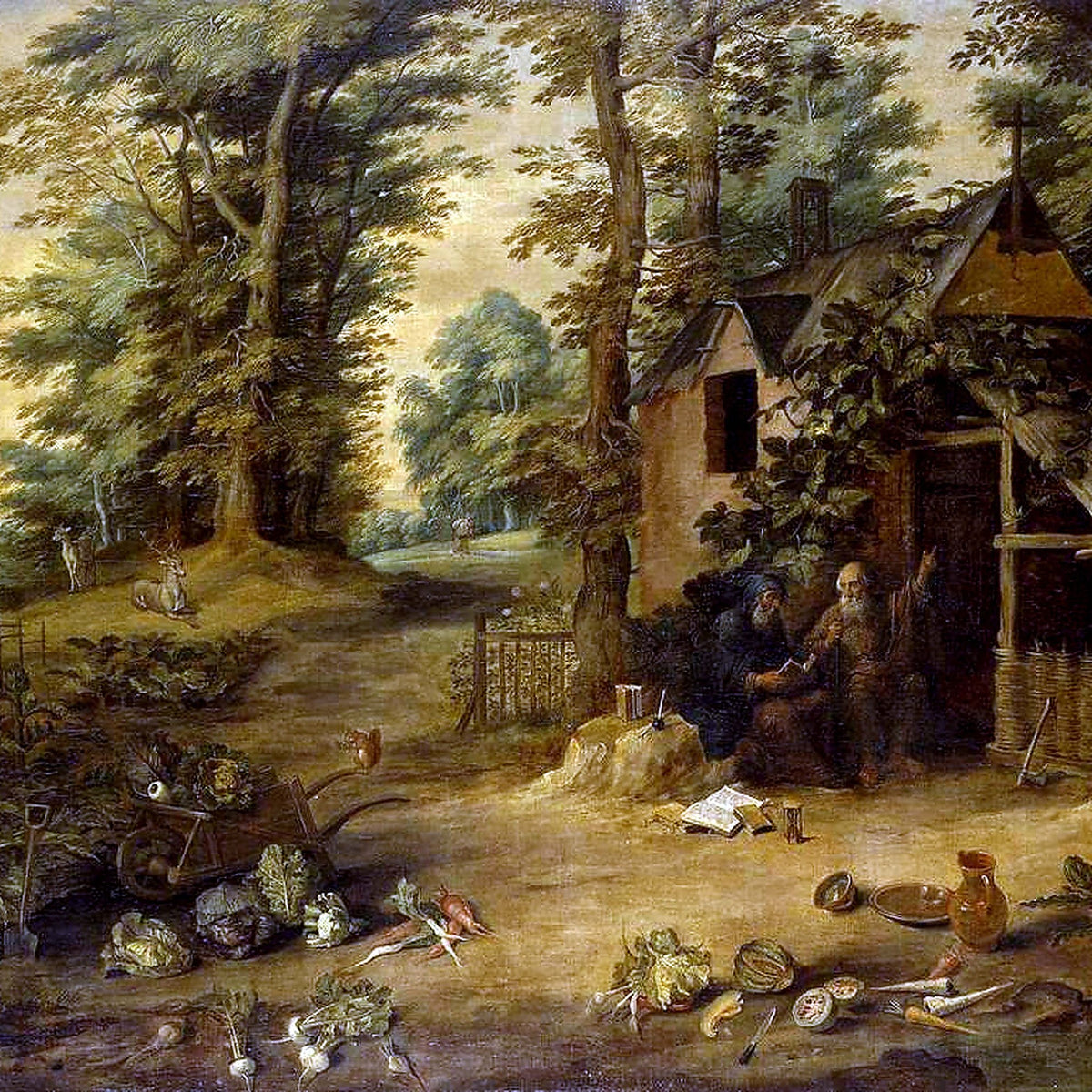 Peinture à l'huile de paysage - Scène de rivière hivernale avec personnages et chevaux