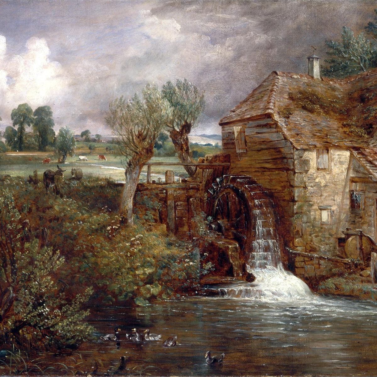 Landscape Oil Painting - Rustic Watermill and Countryside Pond