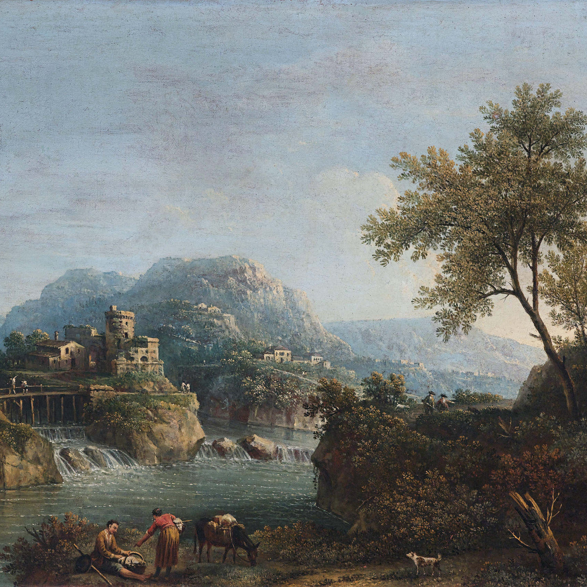 Landscape Oil Painting - Rustic river valley castle & waterfall