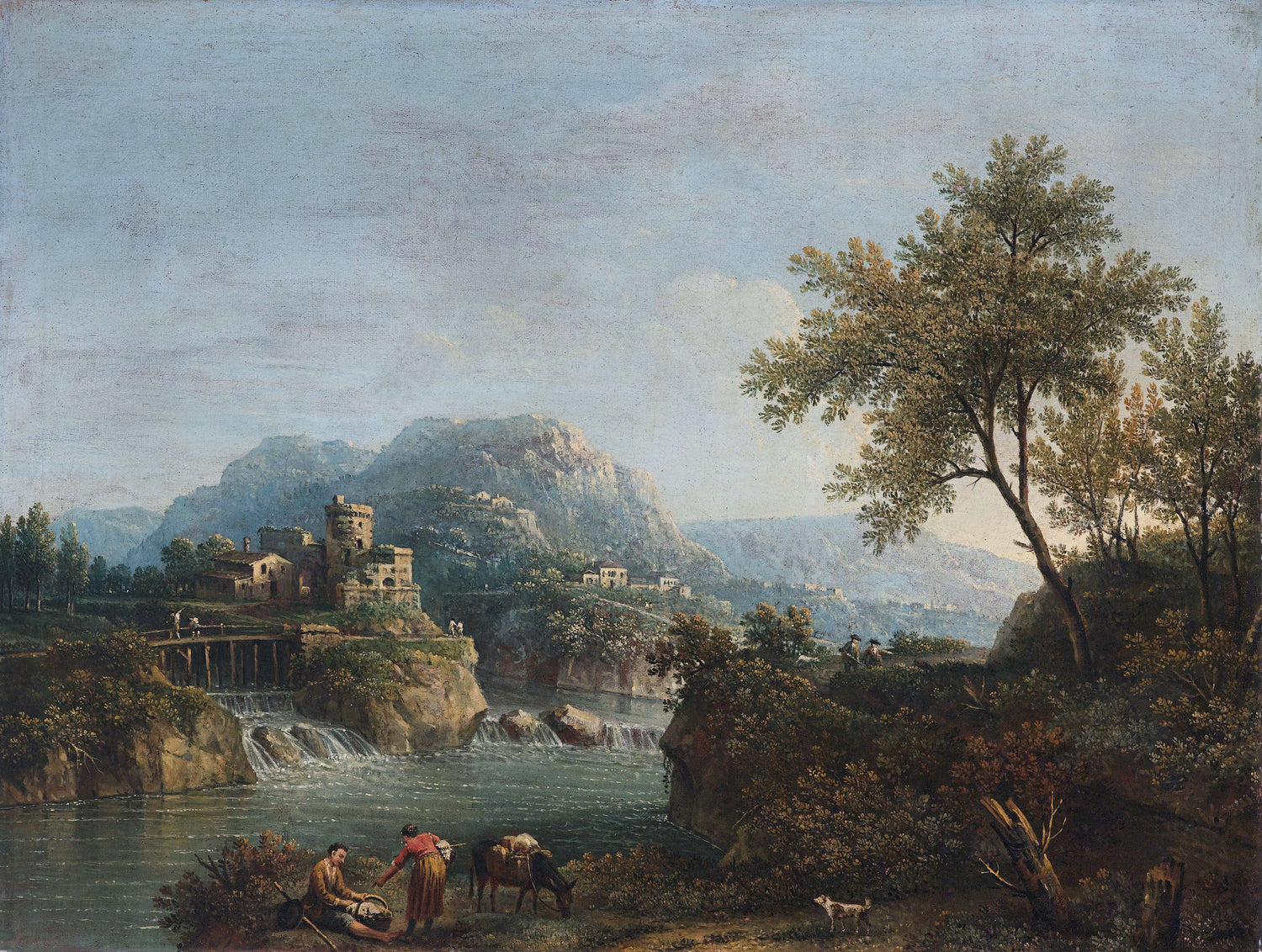 Landscape Oil Painting - Rustic river valley castle & waterfall