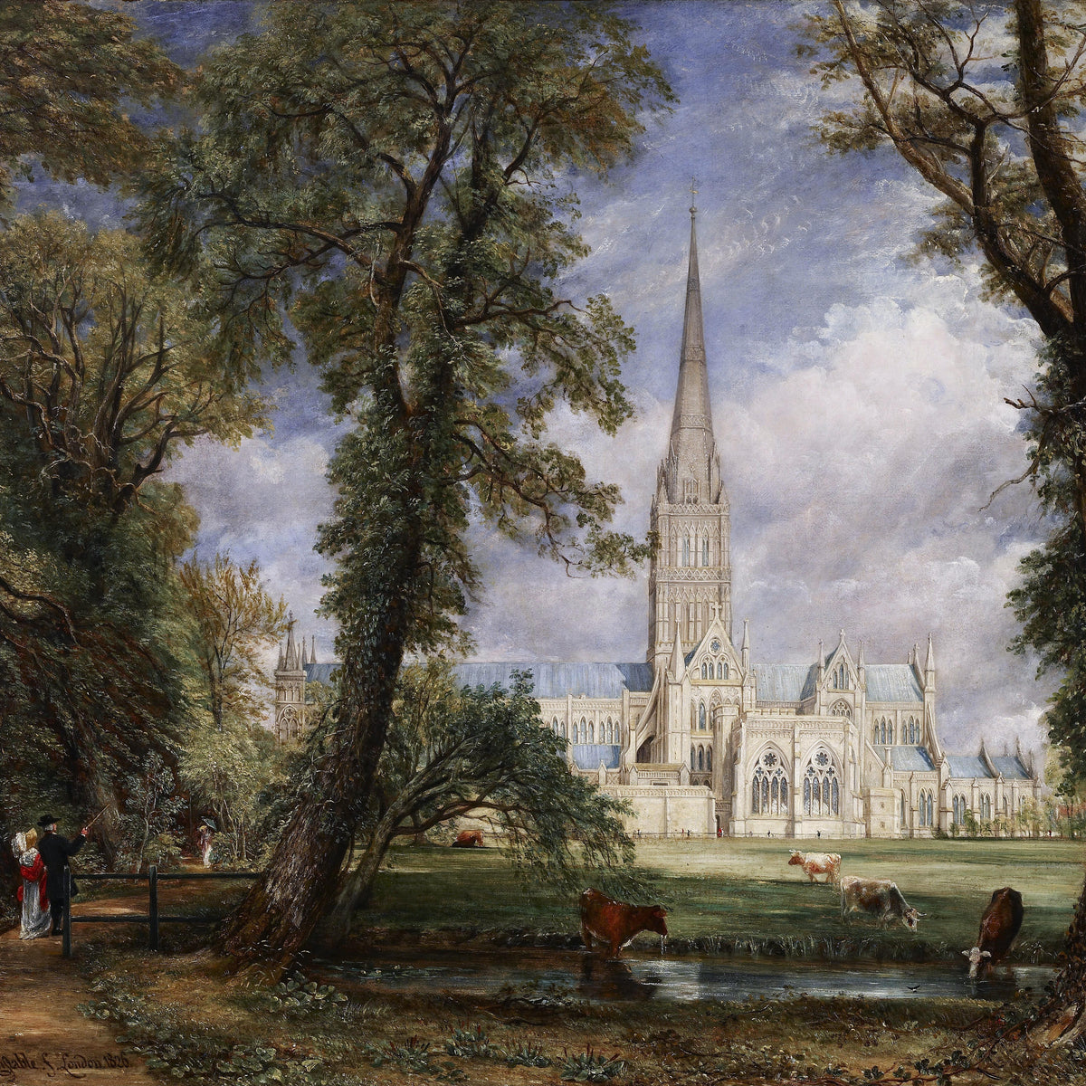 Landscape Oil Painting - Salisbury Cathedral Figures & Cattle