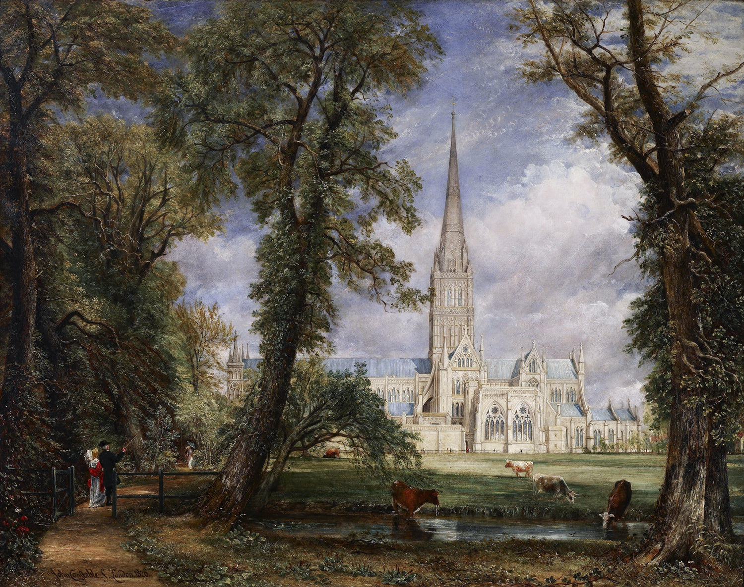 Landscape Oil Painting - Salisbury Cathedral Figures & Cattle