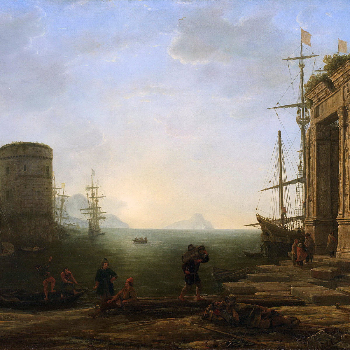 Landscape Oil Painting - Seaport Ancient Ruins & Ships