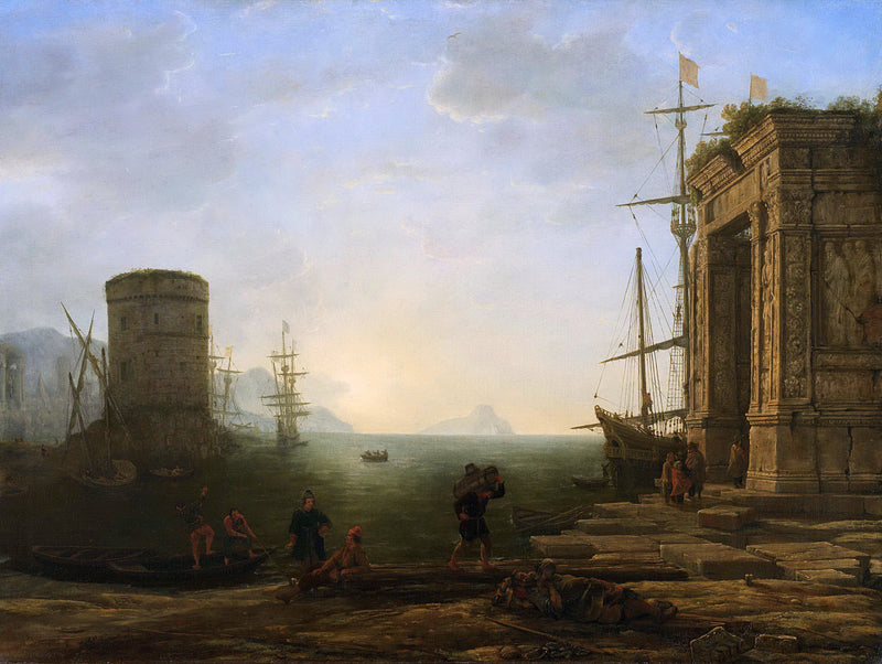 Landscape Oil Painting - Seaport Ancient Ruins & Ships