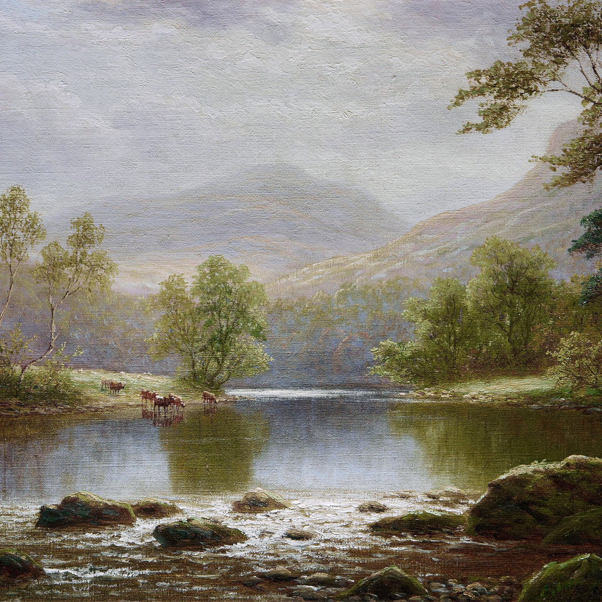 Peinture à l'huile de paysage - Lac de montagne estival et eaux calmes
