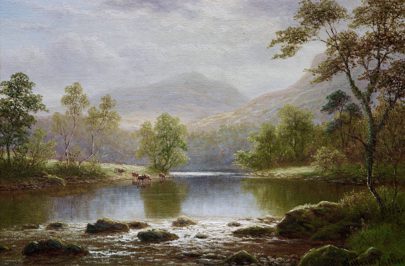 Peinture à l'huile de paysage - Lac de montagne estival et eaux calmes