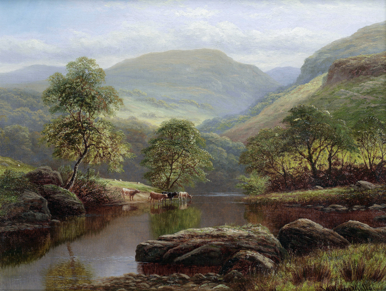 Ölgemälde Landschaft - Sommerliche Gebirgstal-Fluss- und Viehszene