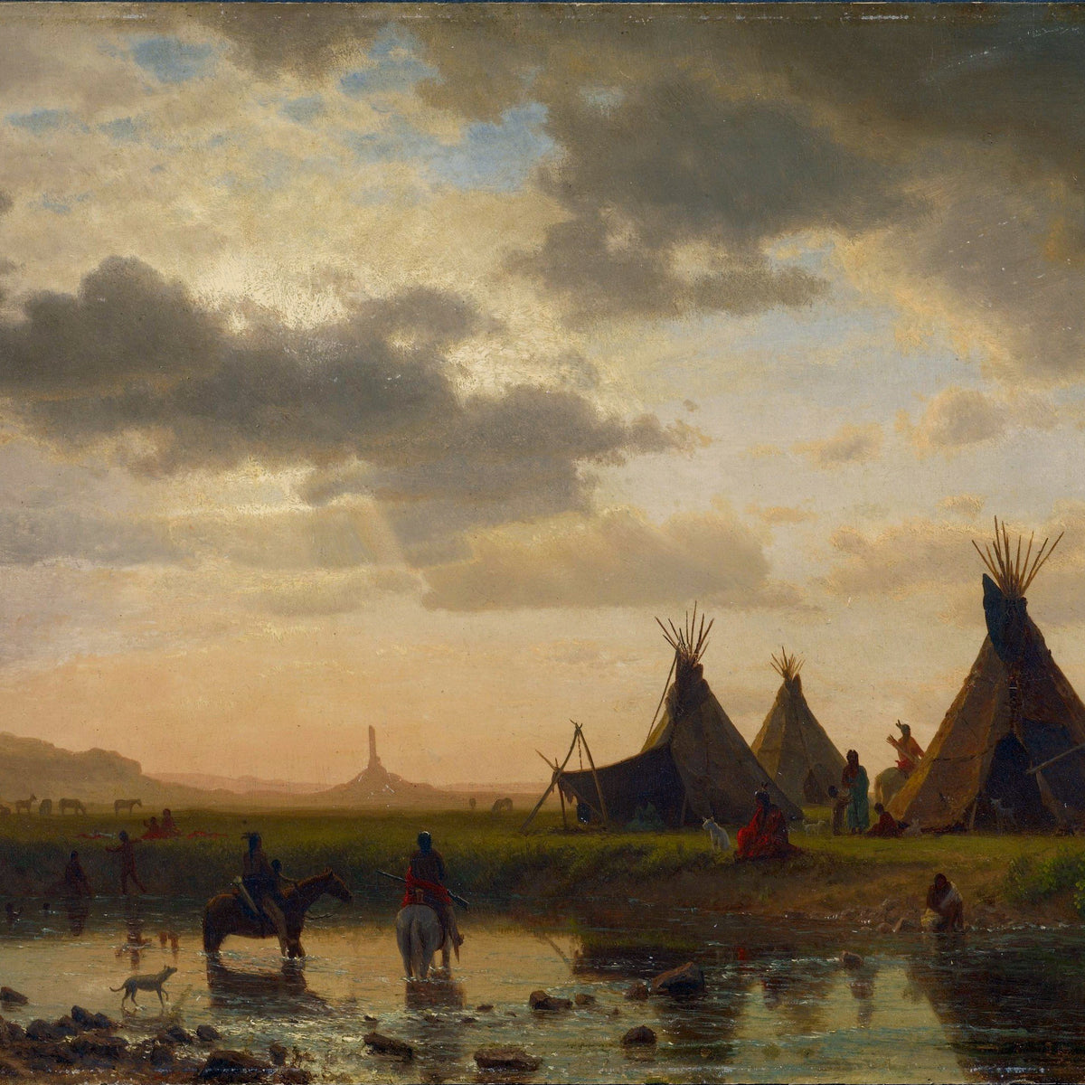 Landschaftsgemälde in Öl – Winterliche Flusslandschaft mit Figuren und Pferden