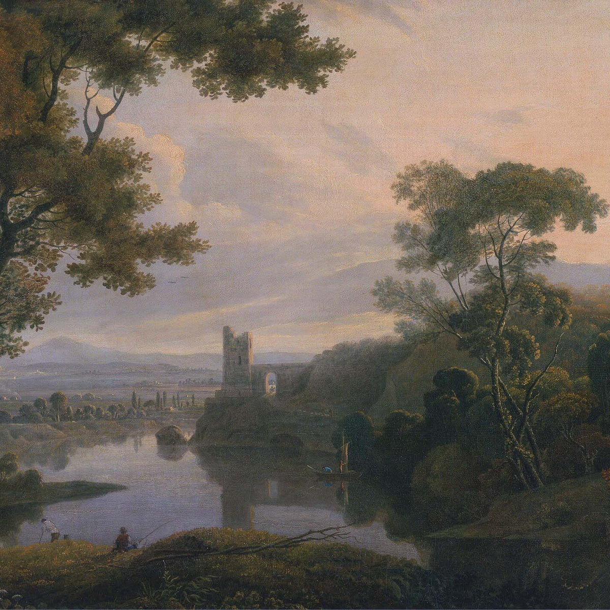 Landscape Oil Painting - Twilight River Ruins and Reflections