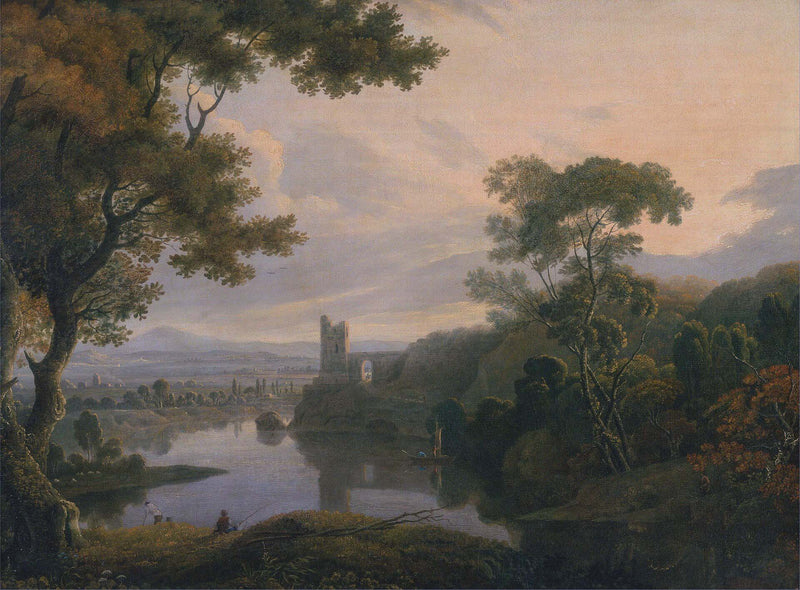Landscape Oil Painting - Twilight River Ruins and Reflections