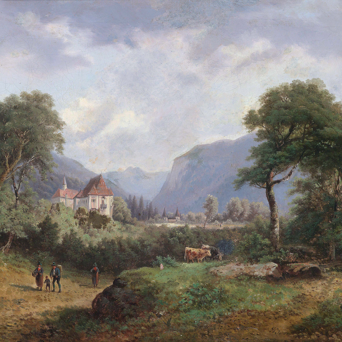 Landschaftsgemälde (Öl) – Landgut im Tal