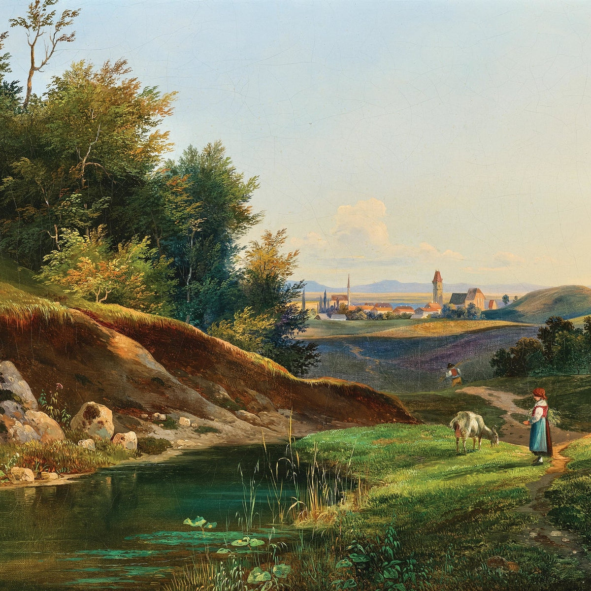 Hand-painted village pond and forest path view landscape oil painting on canvas