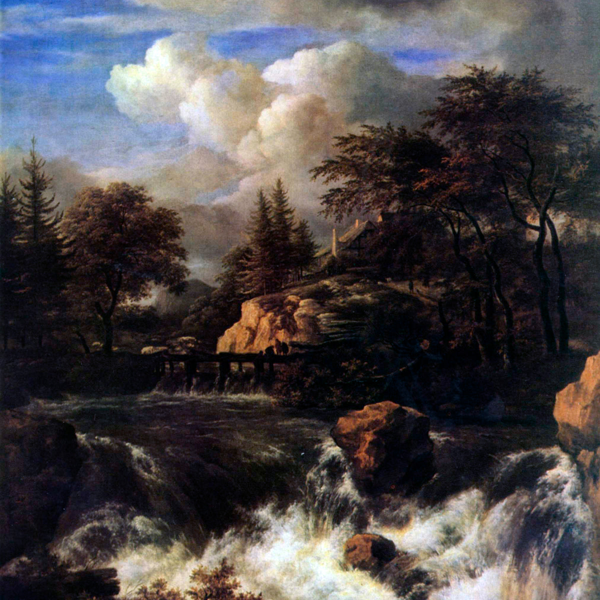 Landscape Oil Painting - Waterfall Rapids and Hilltop House