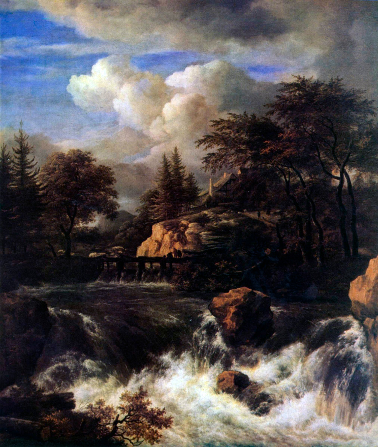 Peinture à l'huile de paysage - Rivière printanière avec pêcheur et arbres