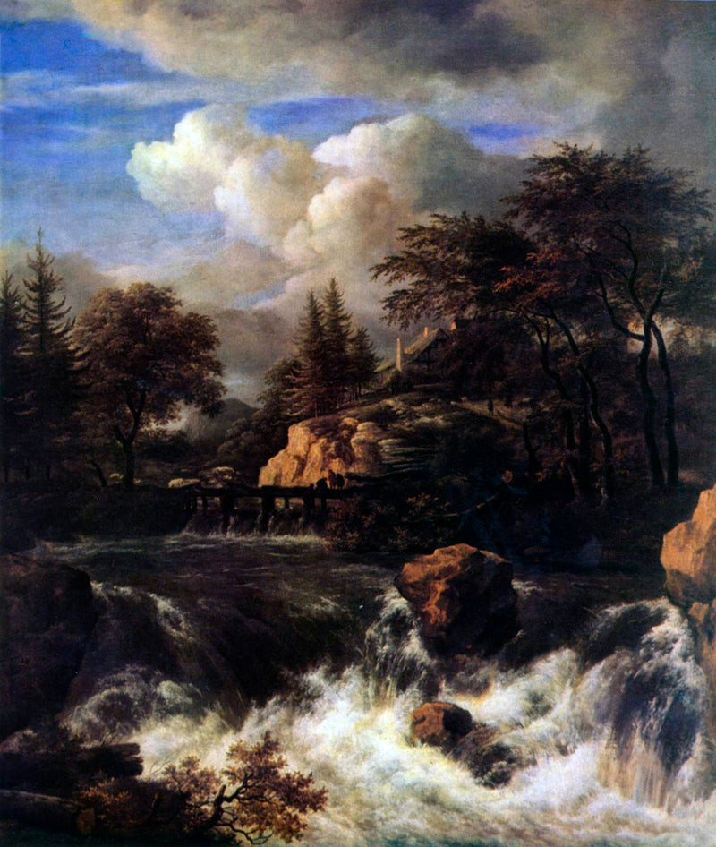 Landscape Oil Painting - Waterfall Rapids and Hilltop House