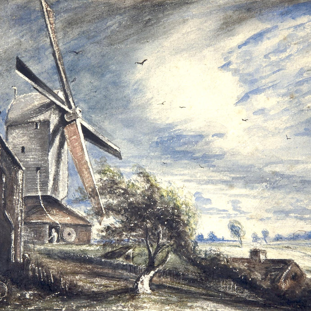 Landscape Oil Painting - Windmill and Open Fields Under Clouds