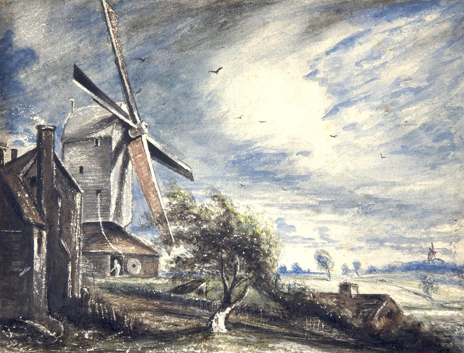 Landscape Oil Painting - Windmill and Open Fields Under Clouds