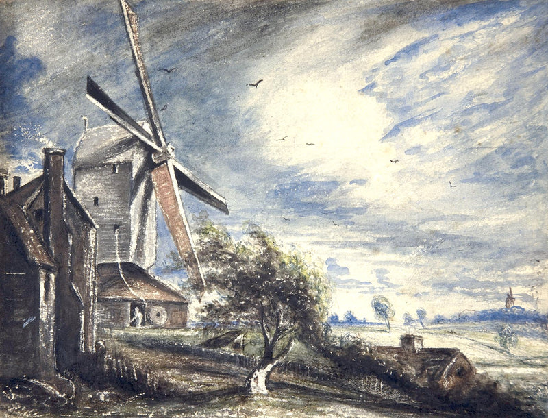 Landscape Oil Painting - Windmill and Open Fields Under Clouds